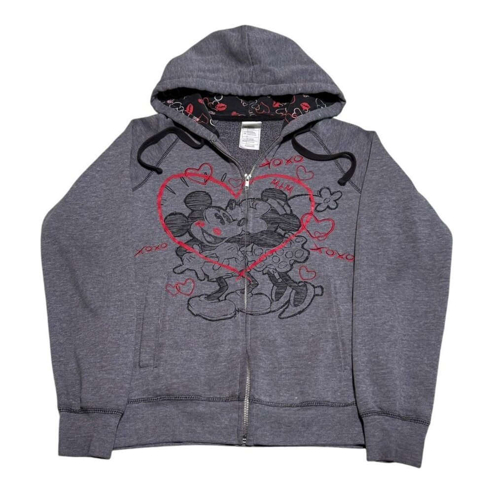 Disney Store Mickey Minnie Mouse Gray Distressed Zip Hoodie Sweatshirt Womens XS
